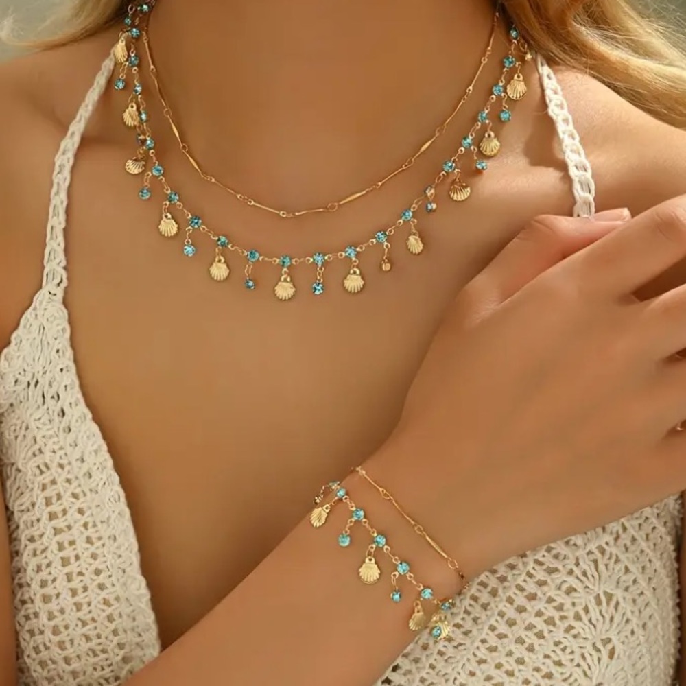 Blue Crystal & Shell Gold Toned Necklace & Bracelet Set - Picture 5 of 5